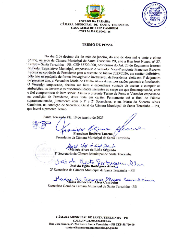 Termo de Posse – Referente ao Vereador Empossado na Condição de Presidente