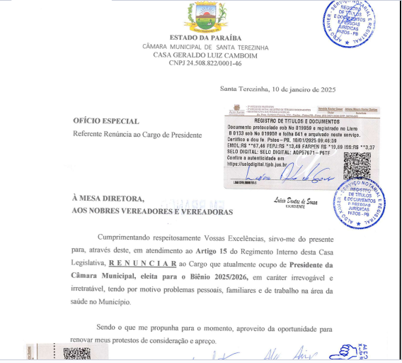 OFÍCIO ESPECIAL – Referente Renúncia ao Cargo de Presidente